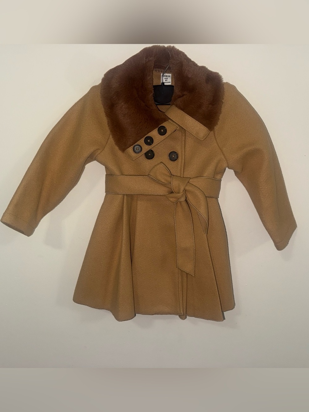 SHEIN Girls' Camel Pea Coat with Brown Faux Fur Collar